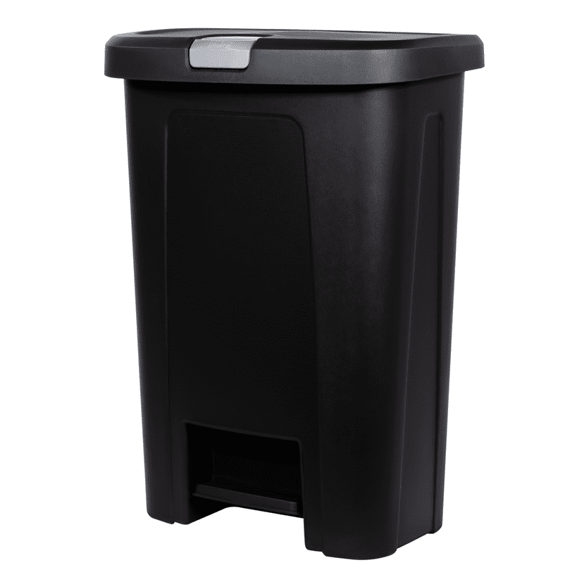 Hefty 10 gal Lockable StepOn Garbage Can, Black with Silver Lid Lock