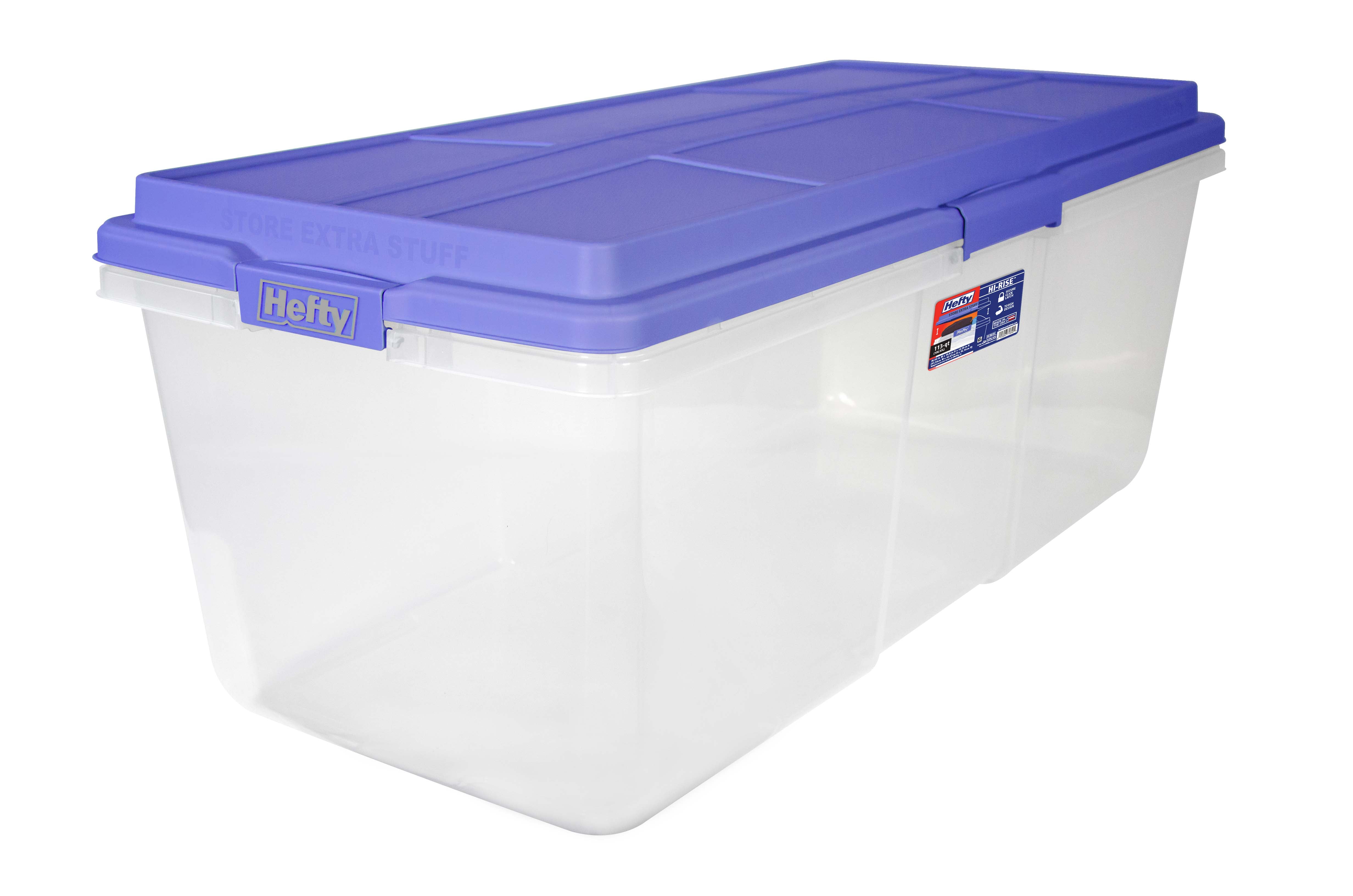 Hefty 40 qt. Clear Plastic Storage Bin with Blue Hi-Rise Lid, 6 Pack