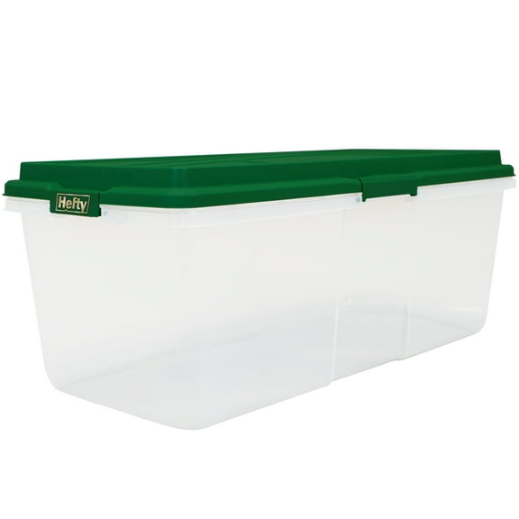 Hefty 113 Quart Clear Plastic Latched Christmas Storage Container, Green Lid