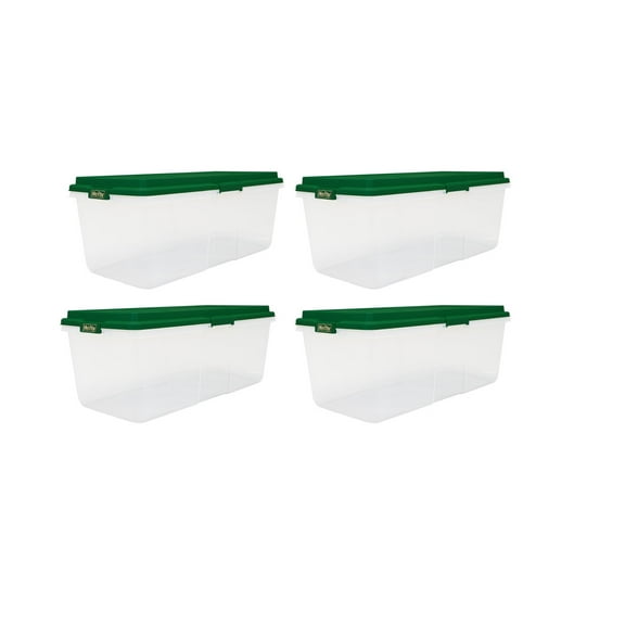 Hefty 113 Quart Clear Plastic Latched Christmas Storage Container, HIRISE Green Lid, Set of 4