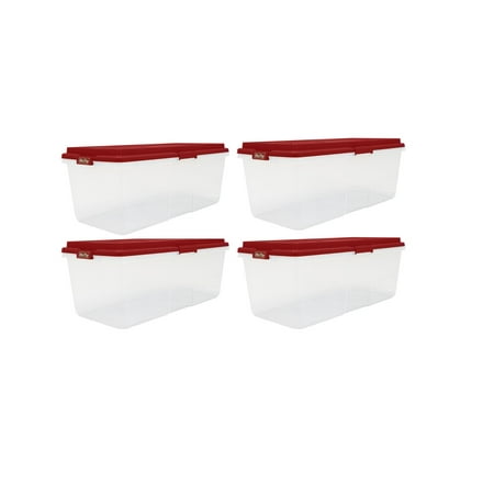 Hefty 113 Quart Clear Plastic Latched Christmas Storage Container, HIRISE Red Lid, Set of 4