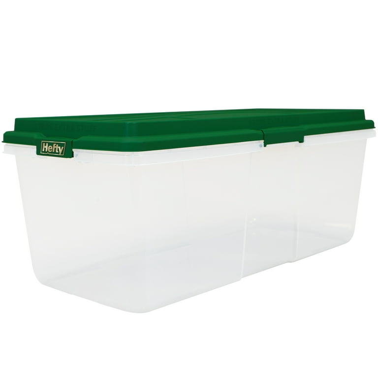 Hefty 113 qt Clear Plastic Holiday Latched Storage Bin, Green Lid