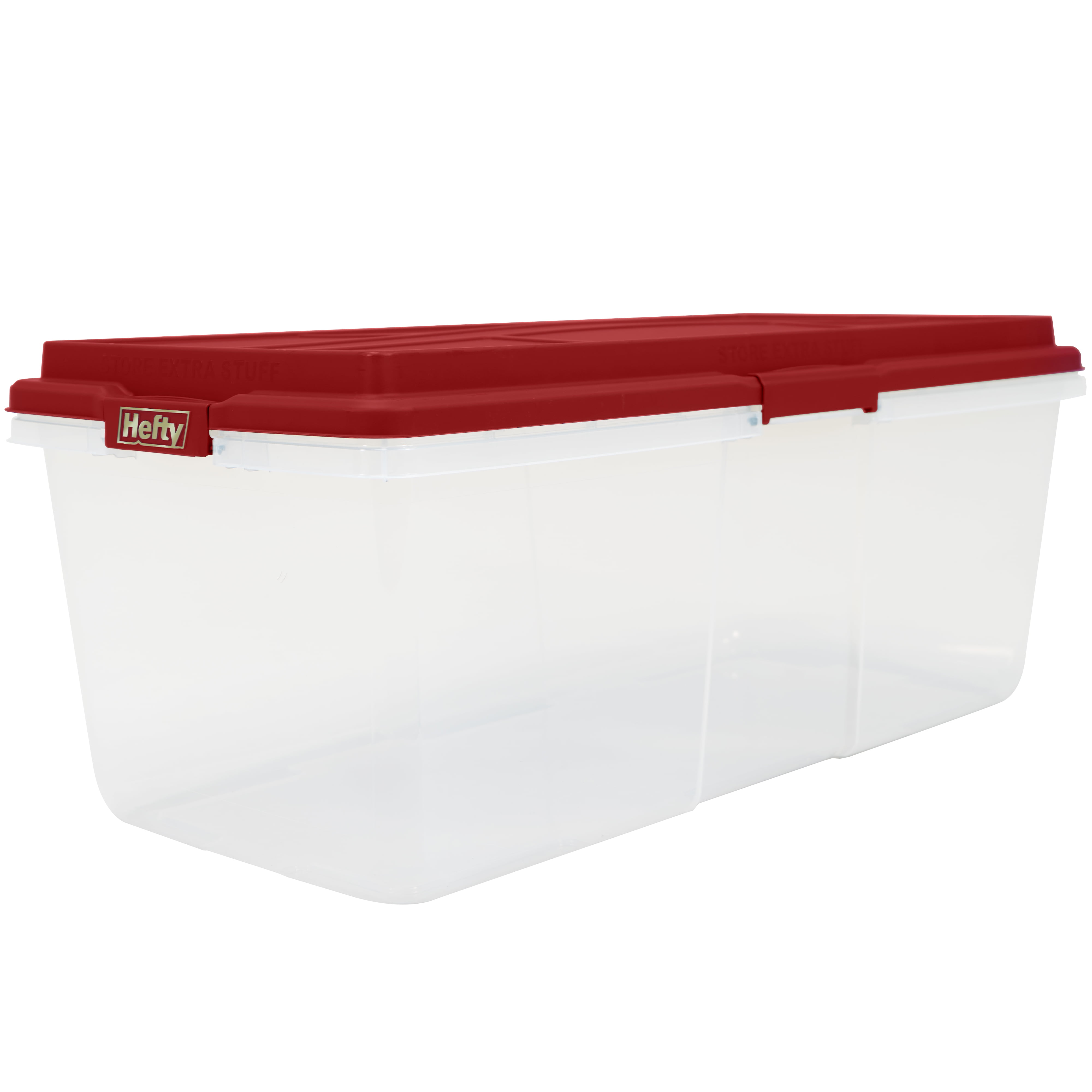 Hefty 113 qt Clear Plastic Holiday Latched Storage Bin, Red Lid
