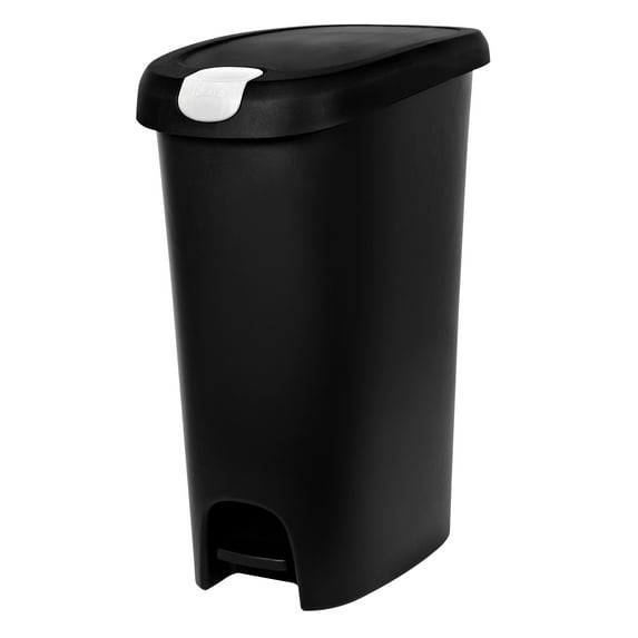 Hefty Kitchen Trash Can, 12 Gallon Plastic Slim Step Garbage Bin with Locking Foot Pedal Lid, Black