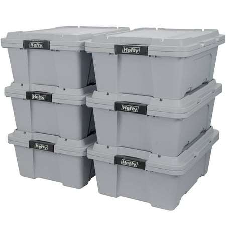Hefty 12 Gallon Max Pro Plastic Utility Storage Tote, Gray, 6 Pack