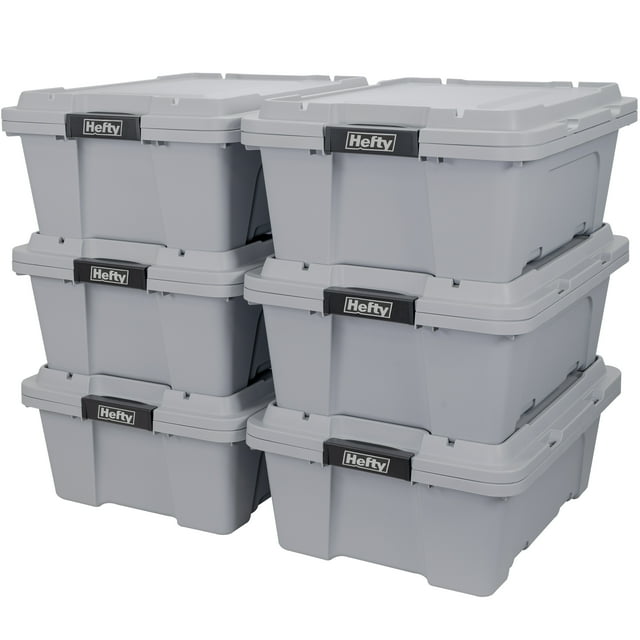 Hefty 12 gal Max Pro Plastic Utility Storage Tote, Gray, 6 Pack