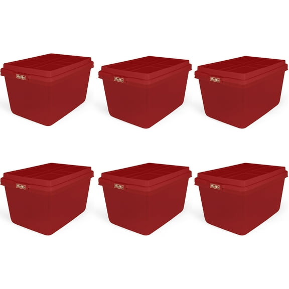 Hefty 18 Gallon Plastic Christmas Storage Container with HIRISE Lid, Holiday Red, Set of 6