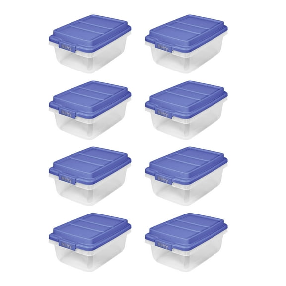 Hefty 18 Qt. Clear Plastic Storage Bin with Blue HI-Rise Lid, 8 Pack
