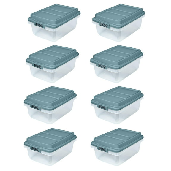 Hefty 18 Qt Hi-Rise Stackable Plastic Storage Bin w/Lid, 8 Pack, Smoke Blue