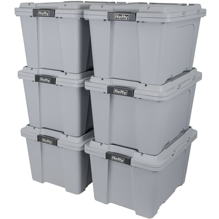 Hefty 18 gal Max Pro Plastic Utility Storage Tote, Gray, 6 Pack