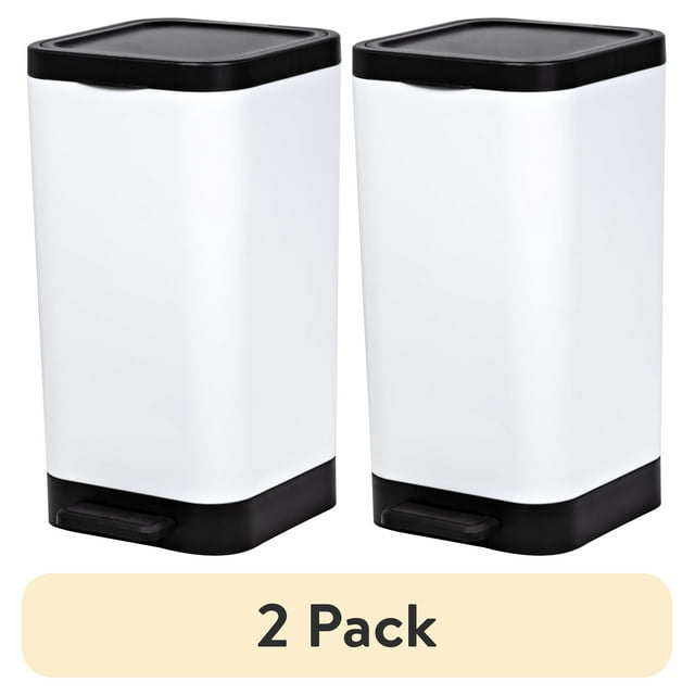 (2 pack) Hefty 2.6 Gallon Trash Can, Plastic Step On Bathroom Trash Can, White