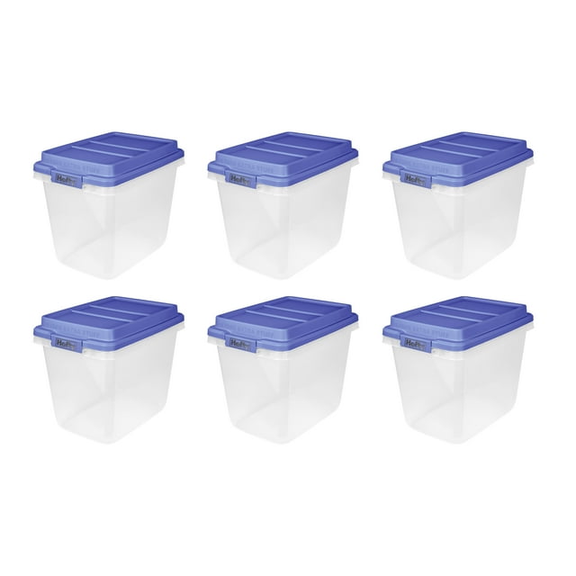 Hefty 32 Qt. Clear Plastic Storage Bin with Blue HIRise Lid, 6 Pack