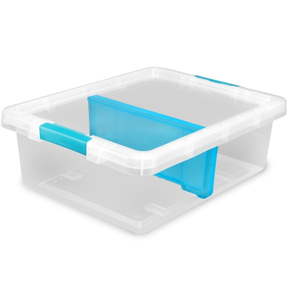 Hefty 37 Quart Medium Latching Storage Bin, Clear Plastic Storage Container with Latch Lid and Dividers, Blue