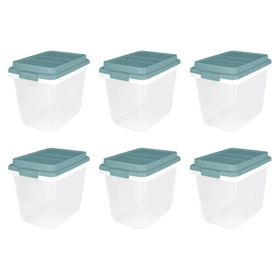 Hefty 6 Pack 32 Qt Lift Off Stackable Plastic Storage Bin w/Lid, Smoke Blue
