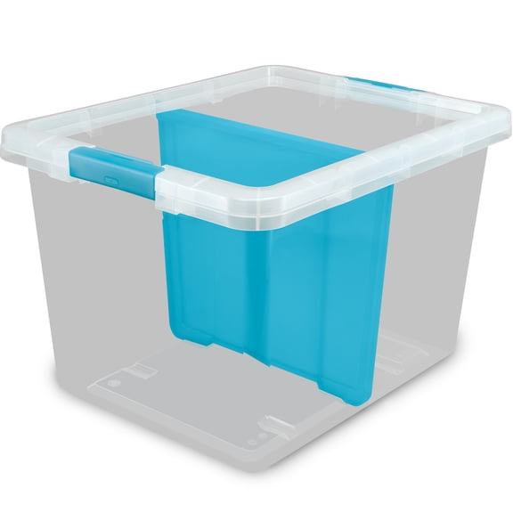 Hefty 70 Quart Large Latching Storage Bin, Clear Plastic Storage Container with Latch Lid and Dividers, Blue