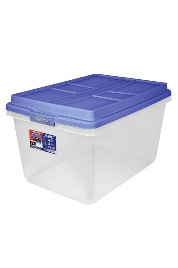 HI-RISE 72 Quart Large Latching Storage Bin, Clear Plastic Storage Container with HI-RISE Latch Lid, Blue