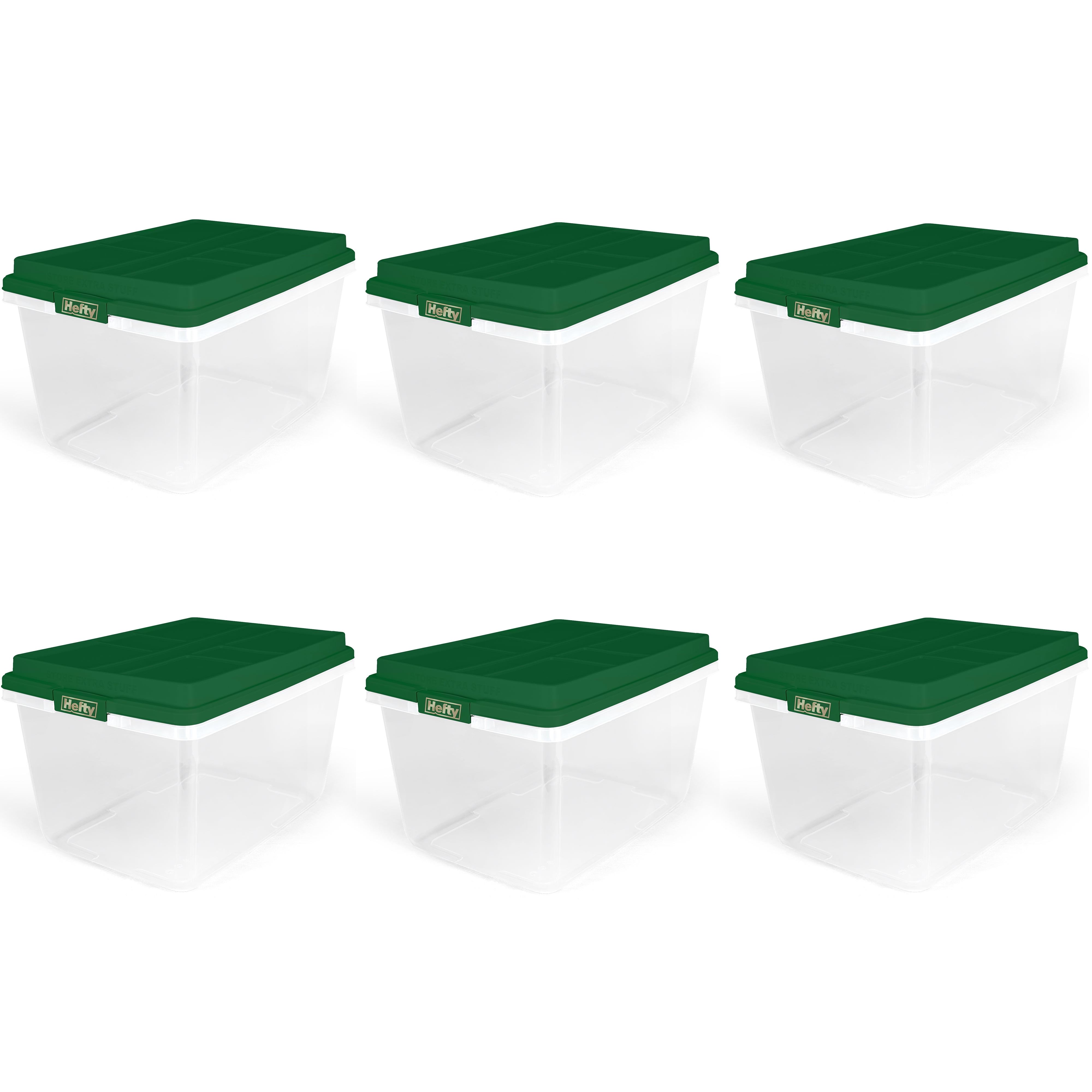 Hefty 72 Quart Clear Plastic Storage Bin with Holiday Green HIRISE Lid, Set  of 6 