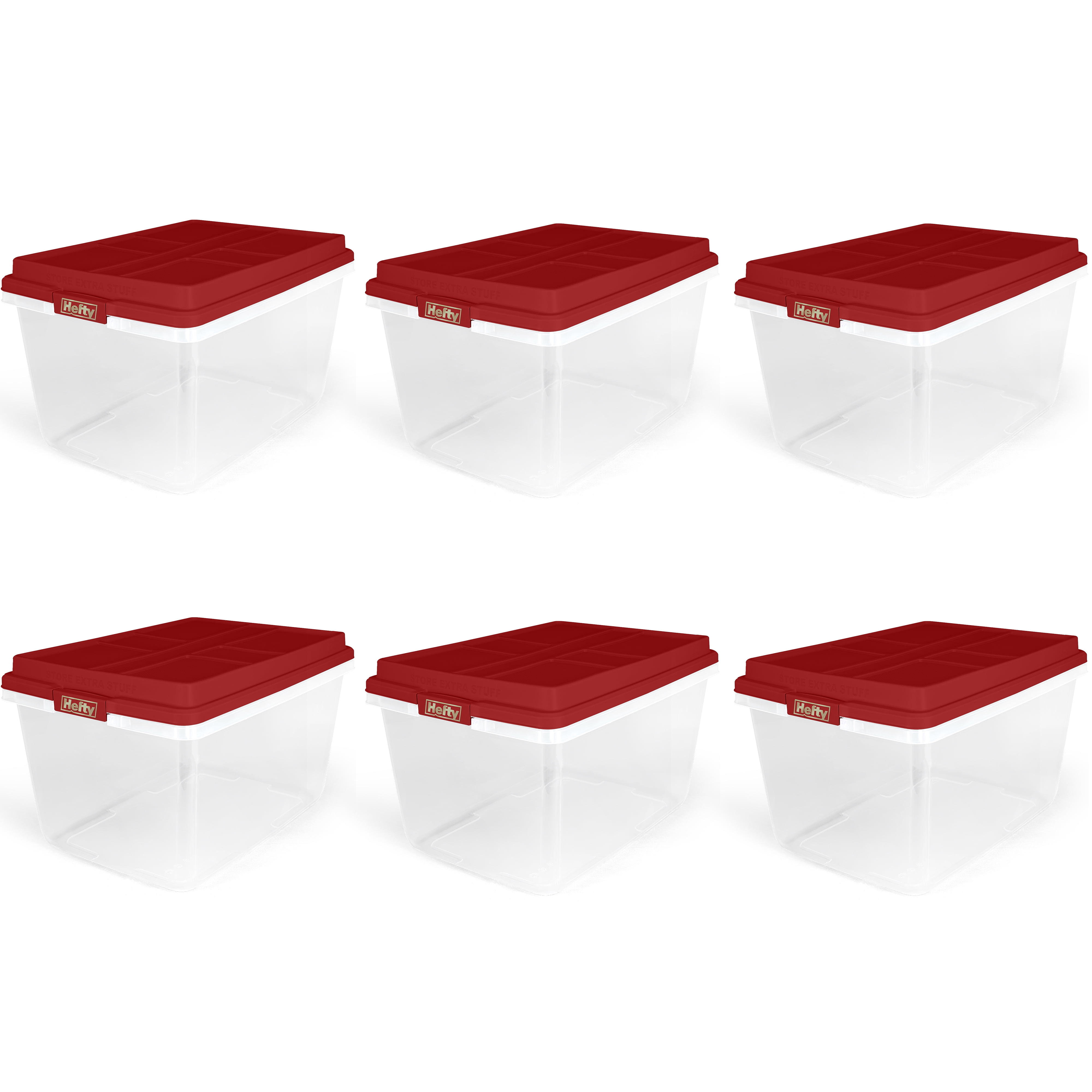 Hefty 72 Quart Clear Plastic Storage Bin with Holiday Red HIRISE Lid, Set  of 6 