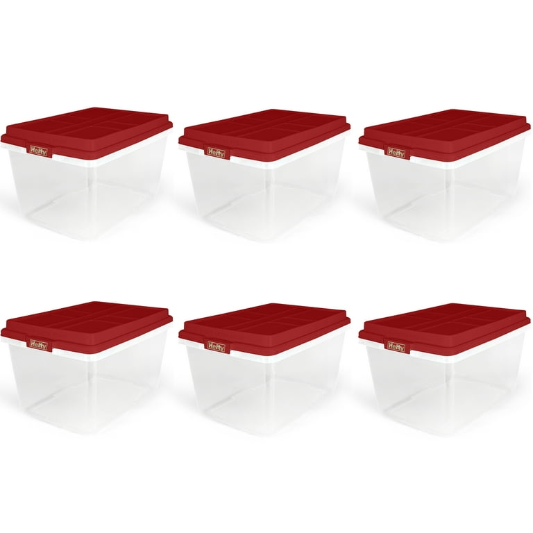 Hefty 18 Gallon Plastic Storage Tote with Hirise Lid, Holiday Red, Set of 6