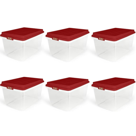 Hefty 72 Quart Clear Plastic Christmas Storage Bin with Holiday Red HIRISE Lid, Set of 6