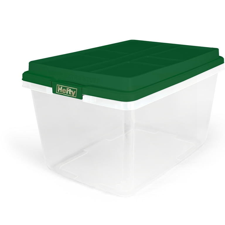 Hefty 72 qt Clear Plastic Holiday Latched Storage Bin, Green Lid