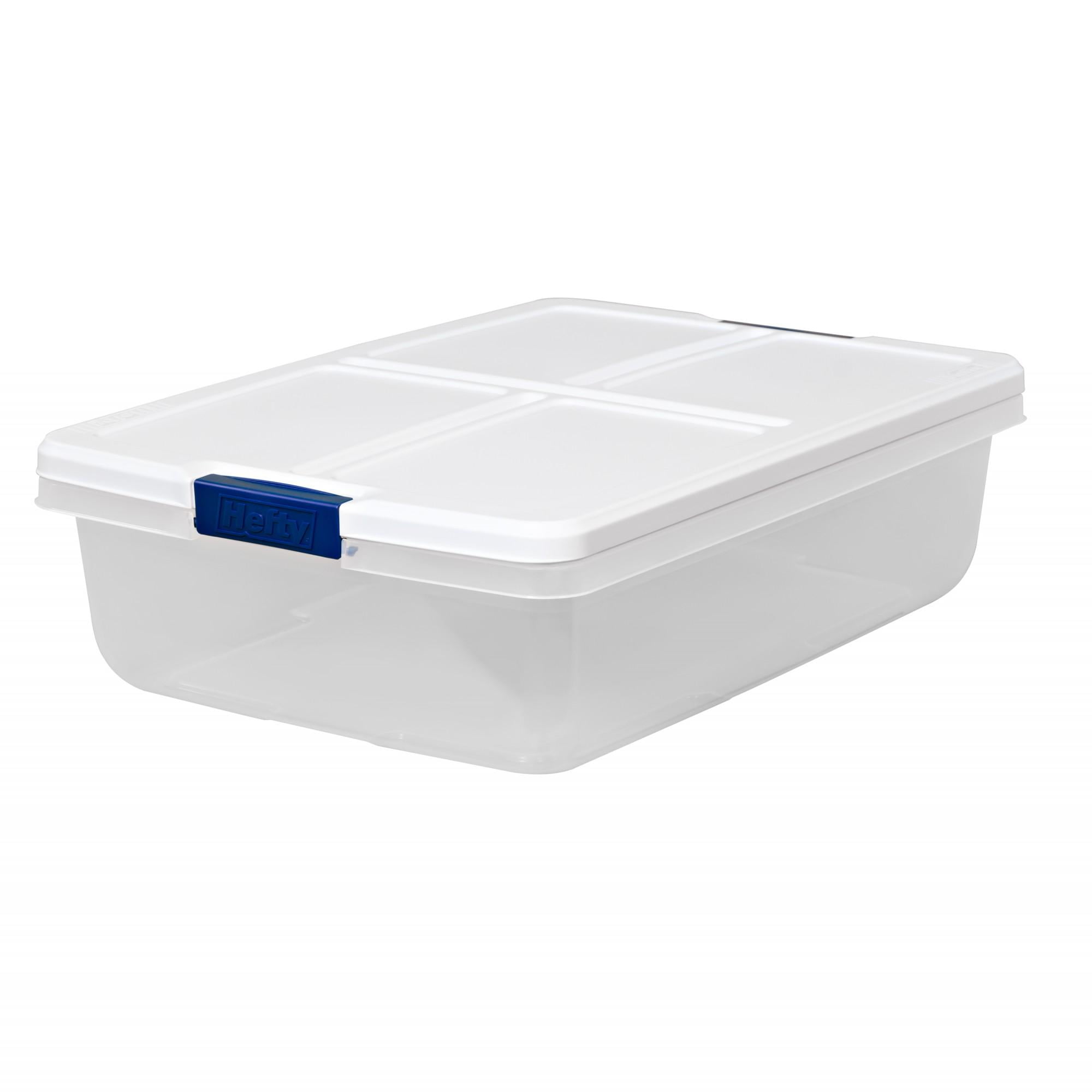 Hefty 8.5 Gallon Latched Plastic Storage Bin with Lid, White, Clear and  Blue 