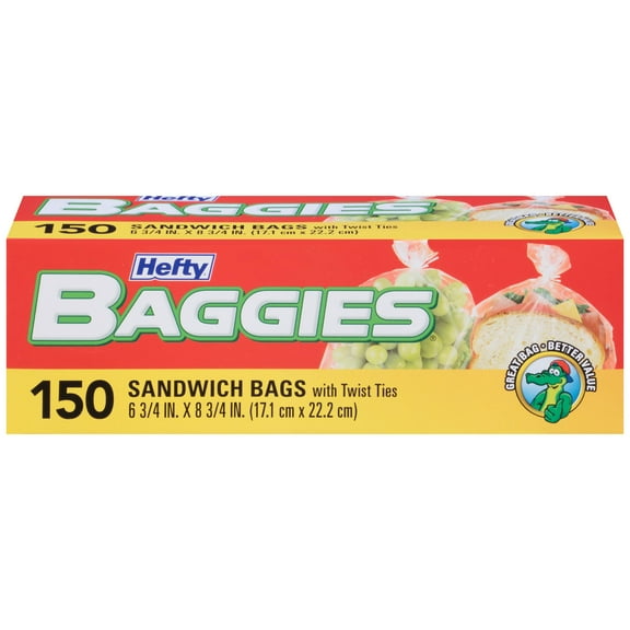 Hefty Baggies Food Storage DEF29 Bags, Sandwich, Twist Tie, 150 Count