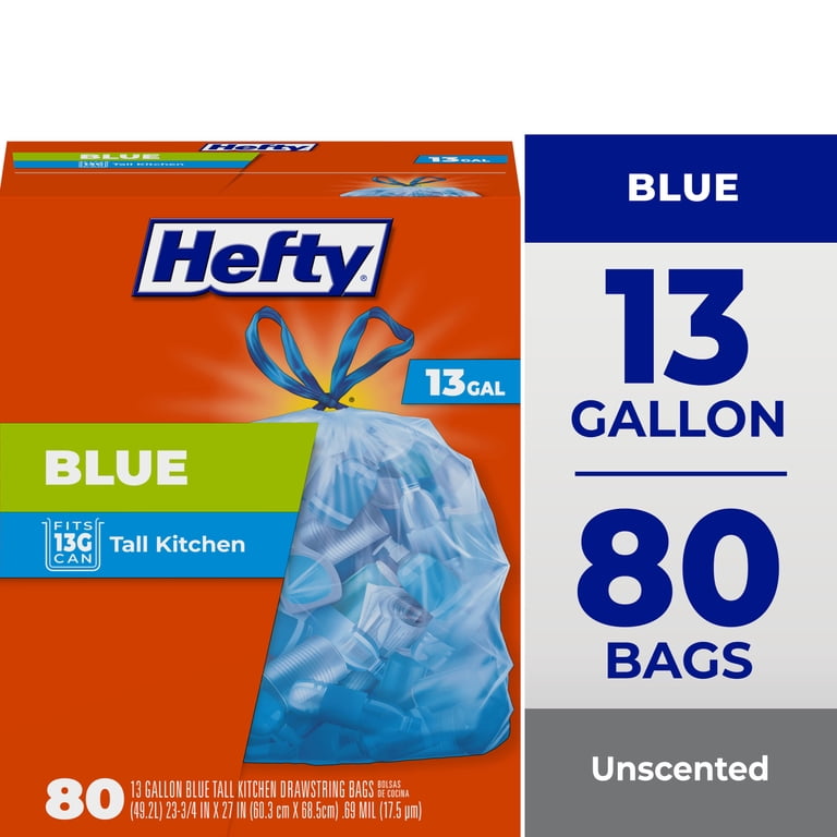 Hefty Blue Trash Bags, 13 Gallon, 80 Count, Unscented, Drawstring