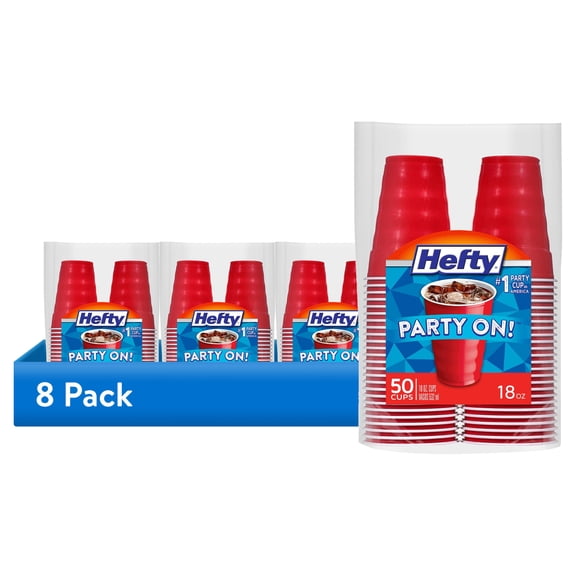 (8 pack) Hefty Party On Disposable Plastic Party Cups, Red, 18 oz., 50 Count