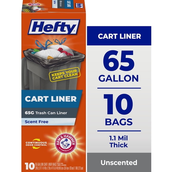 Hefty Cart Liner Trash Bags, 65 Gallon, 10 Bags (Scent Free, ARM & HAMMER Odor Control, Drawstring)