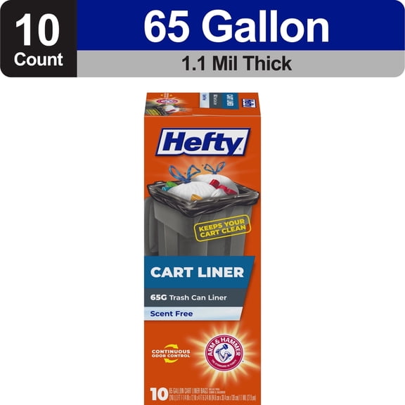 Hefty Cart Liner Trash Bags, 65 Gallon, 10 Bags (Scent Free, ARM & HAMMER Odor Control, Drawstring)