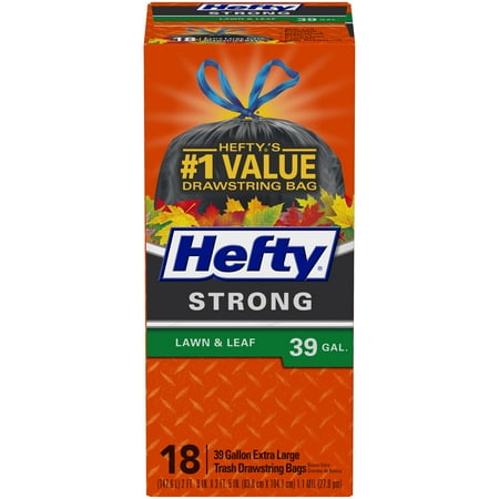 Hefty Cinch Sak Extra Strong Drawstring Lawn and Leaf Bags, 39 Gallon, Black, 18 Ct
