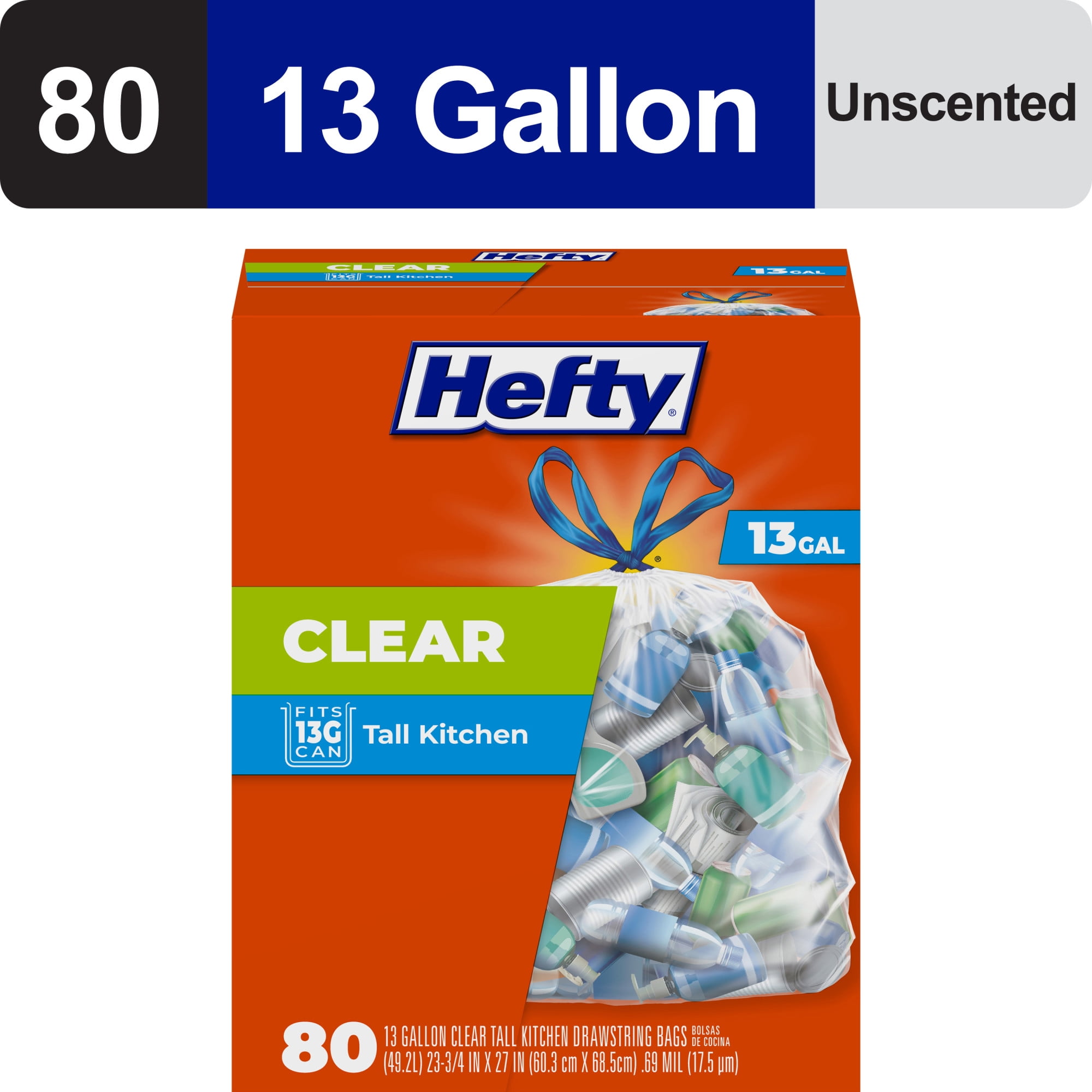 Hefty Clear Trash Bags, Clear, 13 gallon, 80 Count