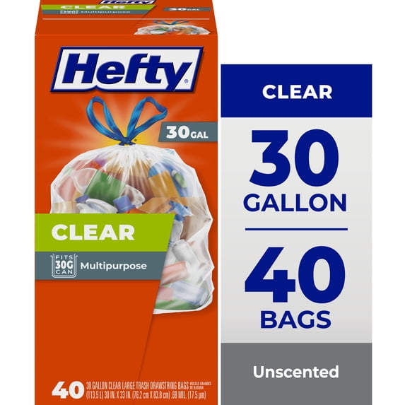 Hefty Clear Trash Bags, Clear, 30 Gallon, 40 Count