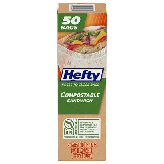 Hefty Compostable Press to Close Bags, Sandwich Size, 50 Count
