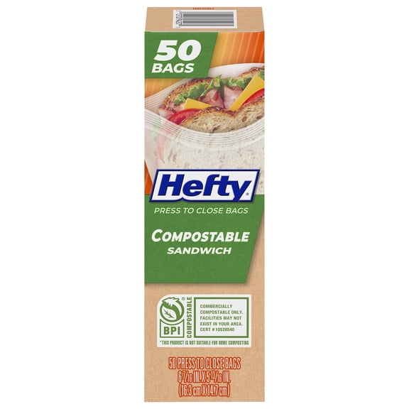 Hefty Compostable Press to Close Bags, Sandwich Size, 50 Count