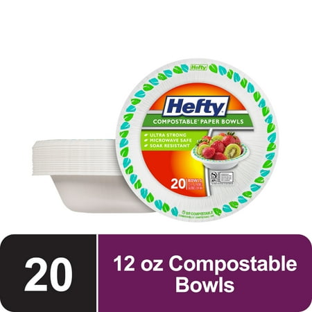 Hefty Compostable Paper Bowls, Disposable Bowls, 12 oz., 20 Count