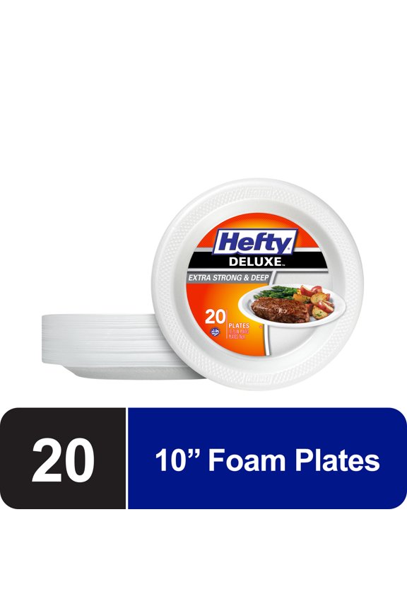 Deluxe Extra Strong and Deep Disposable Foam Plates, 10.25 inches, 20 Count