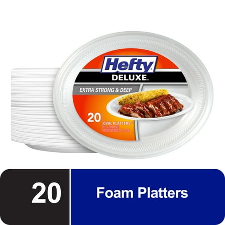 Hefty Deluxe Extra Strong & Deep Foam Platters, Oval, White, 10x12 Inch, 20 Count