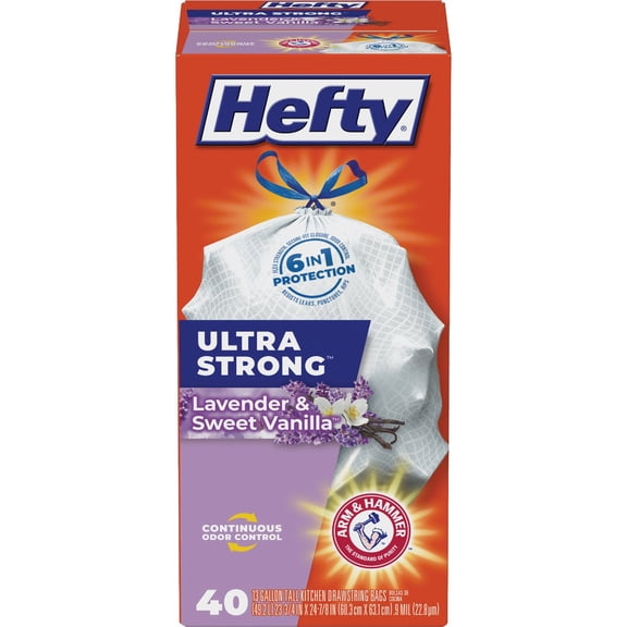 Hefty E84541 Lavendar & Sweet Vanilla Ultra Strong Tall Kitchen Drawstring Trash Bags Pack of 10