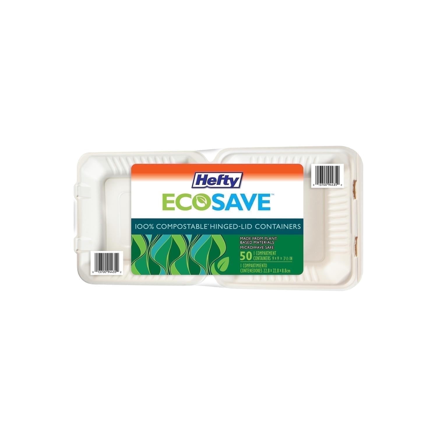 Hefty ECOSAVE 1-Compartment Hinged Lid Container (9" x 9", 50 ct.)