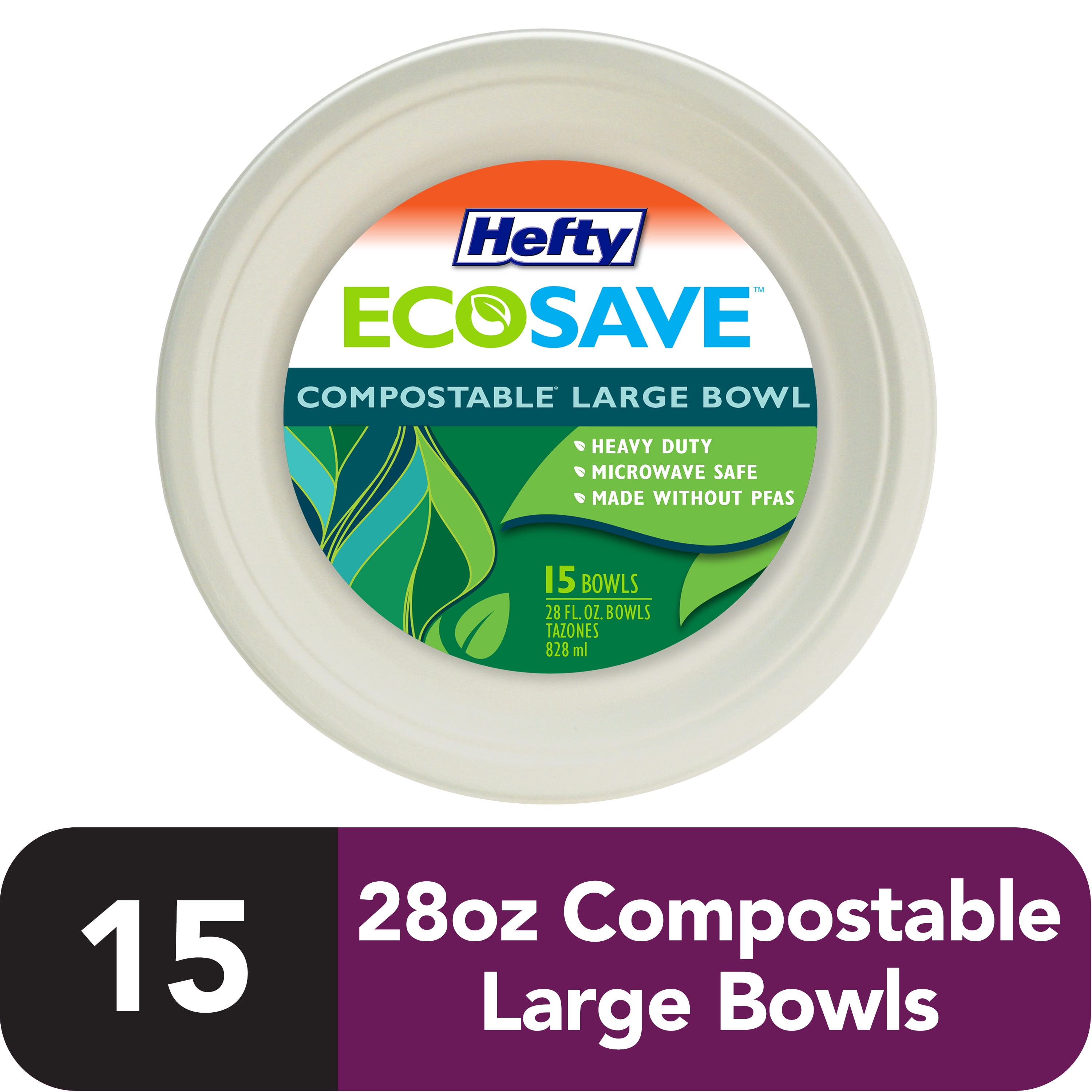Hefty ECOSAVE Compostable Paper Bowls, 28 Ounce, 15 Count 