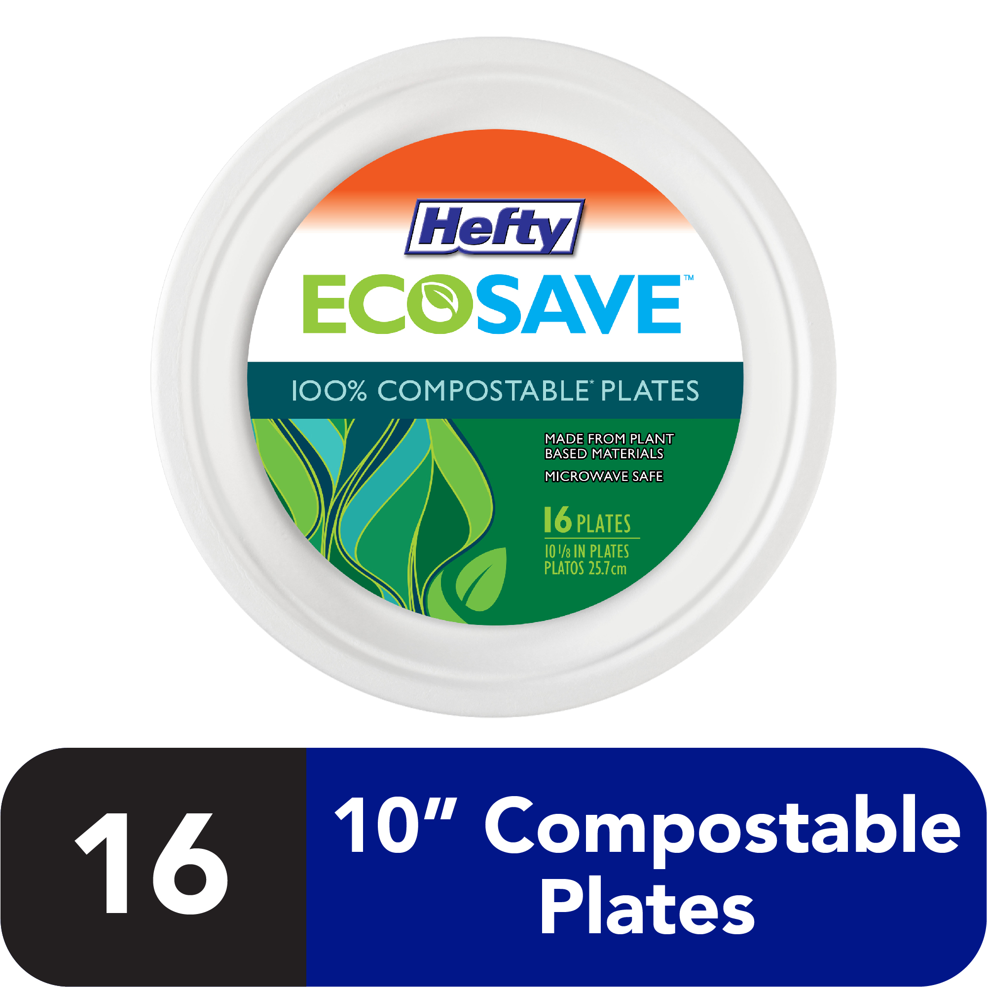 Hefty ECOSAVE Compostable Paper Plates, 10 1/8 Inch, 16 Count - image 1 of 9