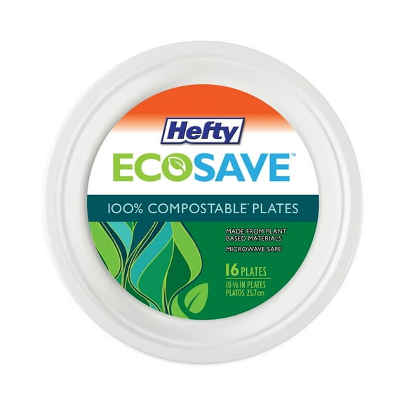 Hefty ECOSAVE Compostable Paper Plates, 10 1/8 Inch, 16 Count