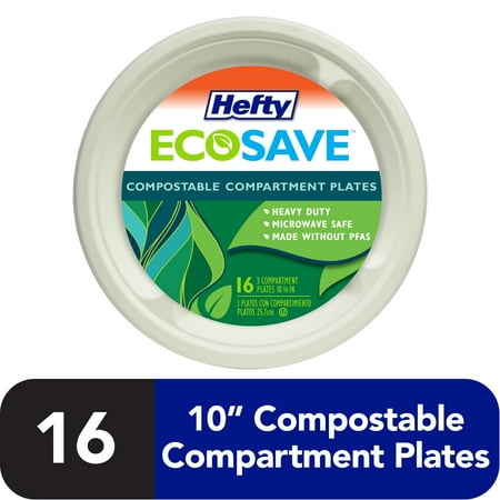 Hefty ECOSAVE Compostable Compartment Paper Plates, 10 1/8 Inch, 16 Count
