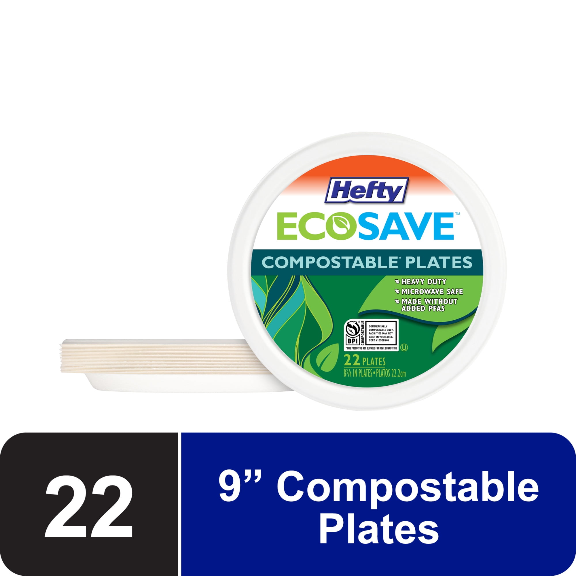 Hefty ECOSAVE Compostable Paper Plates, 8-3/4 Inch, 22 Count