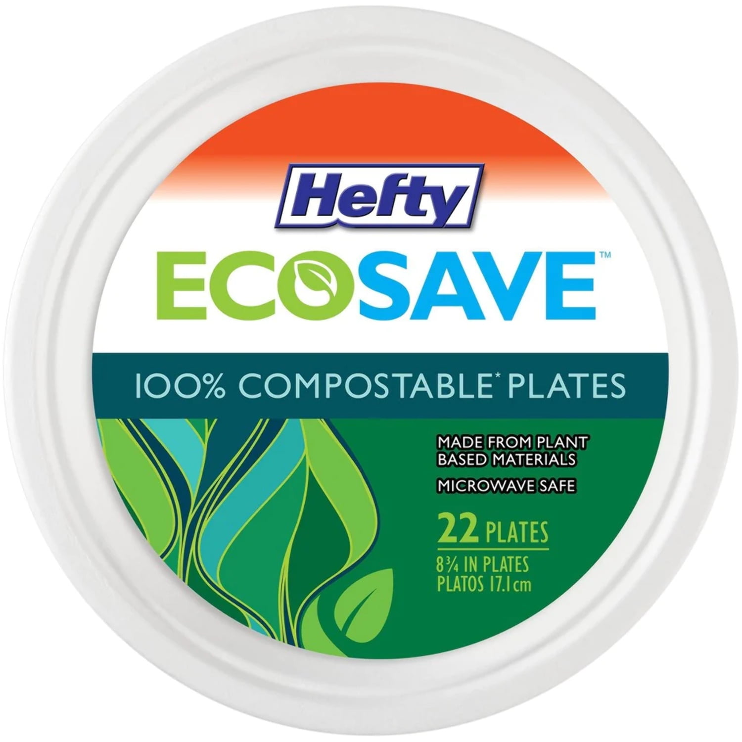 Hefty ECOSAVE Compostable Paper Plates, 8 3/4 inch, 22 Count