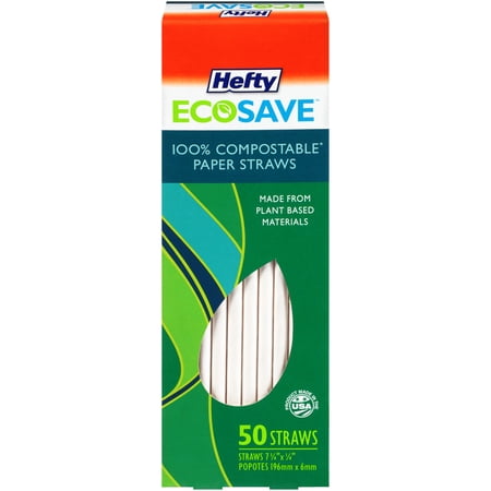 Hefty ECOSAVE Compostable Paper Straws, White, 50 Count