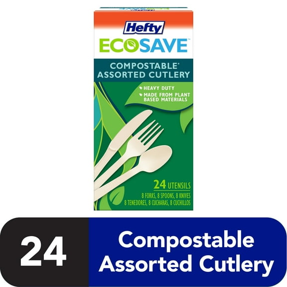 Hefty ECOSAVE Heavy Duty Assorted Cutlery, White, 24 Count