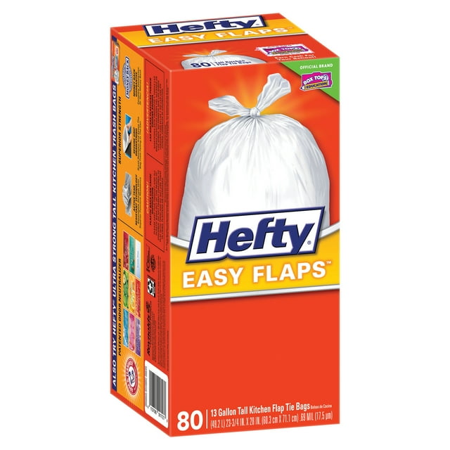 Hefty Easy Flaps Tall-Kitchen Trash Bags, 13gal, 0.8 Mil, White, 80/Box ...